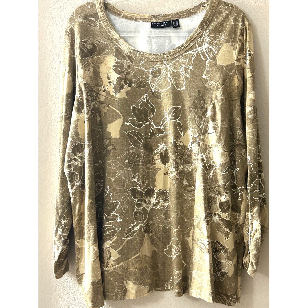 Susan Graver Weekend Floral Print Long Sleeve Top Olive Tan 2X A367766